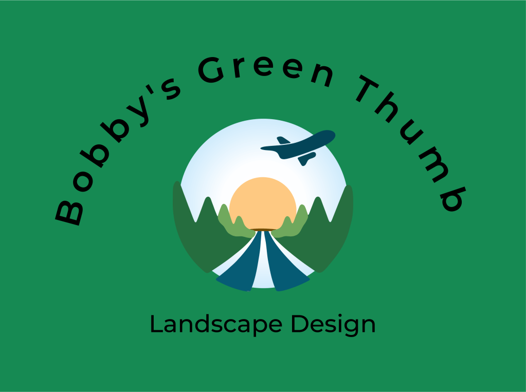 Logo design for 'Bobby's Green Thumb' featuring a landscape with trees, a road leading to a sunset, and an airplane flying above, with the tagline 'Landscape Design'.
